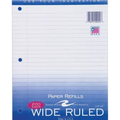 Filler Paper|Roaring Spring Paper Products Wide Ruled Filler Paper, 8" x 10.5", 3-Hole Punched, 200 Sheets/Pack (20020)
