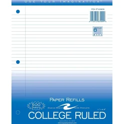 Filler Paper|Roaring Spring Paper Products College Ruled College Ruled Filler Paper, 8.5" x 11", 3-Hole Punched, 500 Sheets/Pack (83909)