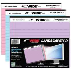 Notepads|Roaring Spring Paper Products Roaring Spring WIDE Landscape Notepad, College Ruled, 11" x 9.5", Assorted Colors, 40 Sheets, 3/Pack (74535)