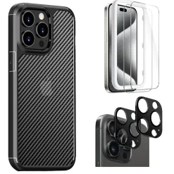 SaharaCase Rugged Case for iPhone 15 Pro Max with Glass Screen, Camera Protector, Shock Absorbing, Black (CP470ZD128ZD131)