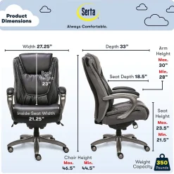 Office Chairs*Serta Big & Tall Ergonomic Bonded Leather Swivel Executive Chair, Black/Silver (44951)
