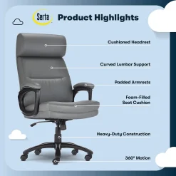 Office Chairs*Serta Comfort Big & Tall Ergonomic Bonded Leather Swivel Executive Chair, Gray (CHR10131C)