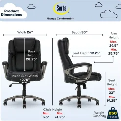 Ergonomic Chairs*Serta Garret Ergonomic Bonded Leather Swivel Executive Office Chair, (43520A) Midnight Black