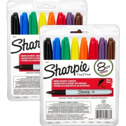 Markers|Sharpie ® Permanent Markers, Fine Point, Assorted Colors, 8 Per Set, 2 Sets (SAN30078-2)