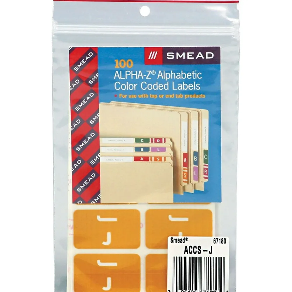 Labels|Smead ® AlphaZ ACCS Color-Coded Alphabetic Label, J, Yellow, 100 Labels per Pack (67180)