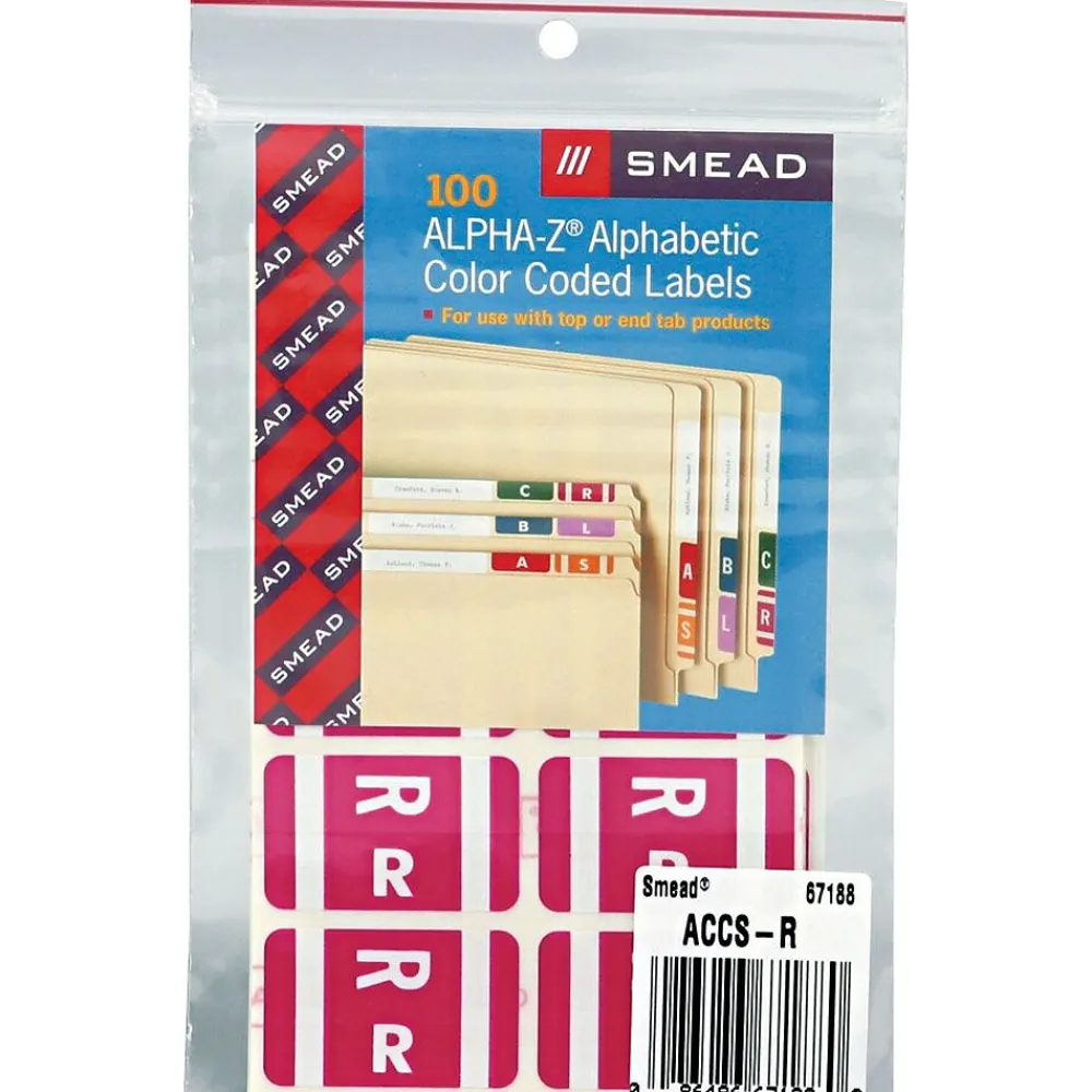 Labels|Smead ® Alpha-Z Color-Coded Second Letter "R" Labels, 10 Labels Per Sheet, Purple, 1"H x 1 5/8"W, 100 Labels/Pk