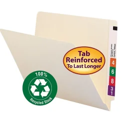 File Folders|Smead End Tab 100% Recycled File Folder, Shelf-Master Reinforced Straight-Cut Tab, Letter Size, Manila, 100/Box (24160)