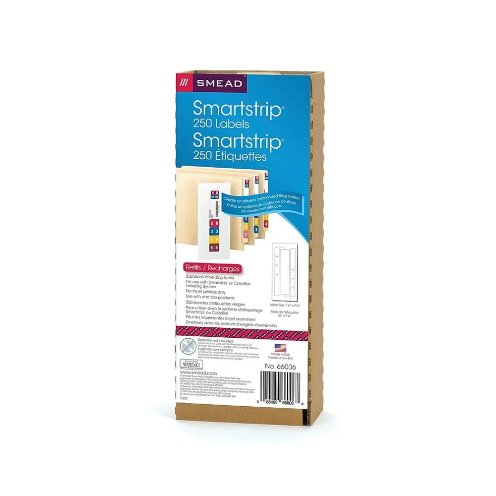 Labels|Smead Smartstrip ColorBar WaterGuard Inkjet File Folder Labels, 1 1/2" x 7 1/2", White, 250/Pack (66006)