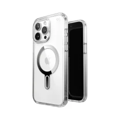 Speck Presidio Perfect-Clear MagSafe ClickLock Phone Case for iPhone 15 Pro Max, Clear/Chrome (150465-3199)