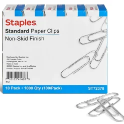 Clips & Fasteners|Staples #1 Paper Clips, Silver, 1,000 Clips/Pack (A7026599A/50452)