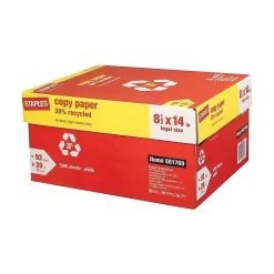 Copy Paper*Staples 30% Recycled Copy Paper, 8.5" x 14", 20 lbs., White, 500 Sheets/Ream, 10 Reams/Carton (112380)
