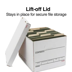 File Storage|Staples 65% Recycled Corrugated File Box Lift Off Lid, Letter/Legal Size, White/Black, 10/Pack (23325011)