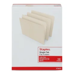 File Folders|Staples 30% Recycled File Folders, Single Tab, Letter Size, , 100/Box (ST56676-CC) Manila