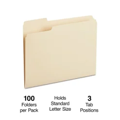 File Folders|Staples 30% Recycled File Folders, 1/3-Cut Tab, Left Position, Letter Size, Manila, 100/Box (ST116749/116749)