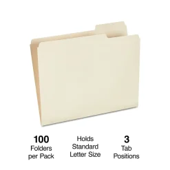 File Folders|Staples 30% Recycled File Folders, 1/3-Cut Tab, Right Position, Letter Size, Manila, 100/Box (ST116822/116822)