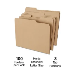 File Folders|Staples 100% Recycled File Folder, 1/3-Cut Tab, Letter Size, Kraft, 100/Box (ST756044-CC)