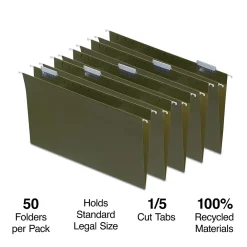 Hanging File Folders|Staples 95% Recycled Hanging File Folder, 1/5-Cut Tab, Legal Size, Standard Green, 50/Box (ST490853/490853)