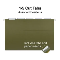 Hanging File Folders|Staples 95% Recycled Hanging File Folder, 1/5-Cut Tab, Legal Size, Standard Green, 50/Box (ST490853/490853)