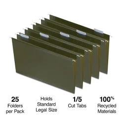 Hanging File Folders|Staples 100% Recycled Hanging File Folder, 1/5-Cut Tab, Legal Size, Standard Green, 25/Box (ST16402/TR16402)