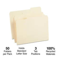 File Folders|Staples 100% Recycled Heavyweight Reinforced File Folders, 1/3-Cut Tab, Letter Size, Manila, 50/Box (ST452830/452830)