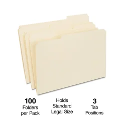 File Folders|Staples 30% Recycled Reinforced File Folder, 1/3-Cut Tab, Legal Size, Manila, 100/Box (ST606814/606814)