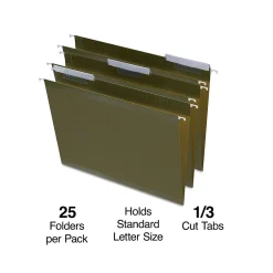 Hanging File Folders|Staples 100% Recycled Reinforced Recycled Hanging File Folder, 1/3-Cut Tab, Letter Size, Standard Green, 25/Box