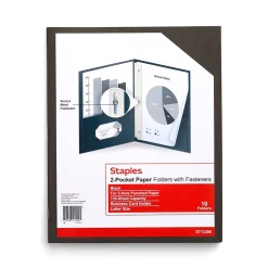 Pocket Folders|Staples 10% Recycled Smooth 2-Pocket Paper Presentation Folder with Fasteners, , 10/Pack (13386-US) Black