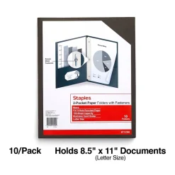 Pocket Folders|Staples 10% Recycled Smooth 2-Pocket Paper Presentation Folder with Fasteners, , 10/Pack (13386-US) Black