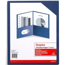 Pocket Folders|Staples 10% Recycled Smooth 2-Pocket Paper Presentation Folder, , 10/Pack (ST13377) Dark Blue