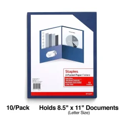 Pocket Folders|Staples 10% Recycled Smooth 2-Pocket Paper Presentation Folder, , 10/Pack (ST13377) Dark Blue