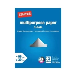 Multipurpose Paper*Staples 8.5" x 11" 3-Hole Punch Multipurpose Paper, 20 lbs., 96 Brightness, 500/Ream (05031)