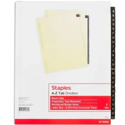 Dividers|Staples Alphabetical Pre-Printed Paper Divider, A-Z Tabs, Buff/Black Tabs, 1 Set (18946/11483)
