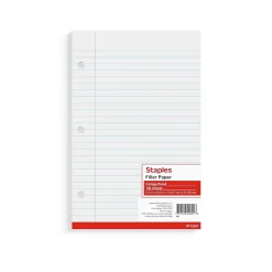 Filler Paper|Staples ® College Ruled Filler Paper, 5.5" x 8.5", 3-Hole Punched, White, 100 Sheets/Pack (ST12301D)