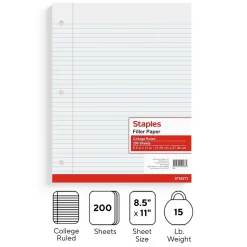 Filler Paper|Staples College Ruled Filler Paper, 8.5" x 11", White, 200 Sheets/Pack (TR58372)