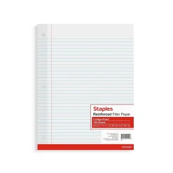 Filler Paper|Staples College Ruled Filler Paper, 8.5" x 11", 100 Sheets/Pack (TR16183)