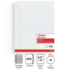 Filler Paper|Staples ® College Ruled Filler Paper, 8.5" x 11", White, 400 Sheets/Pack (ST27521D)