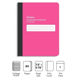 Composition Notebooks|Staples Composition Notebook, 7.5" x 9.75", College Ruled, 80 Sheets, (ST55084) Pink