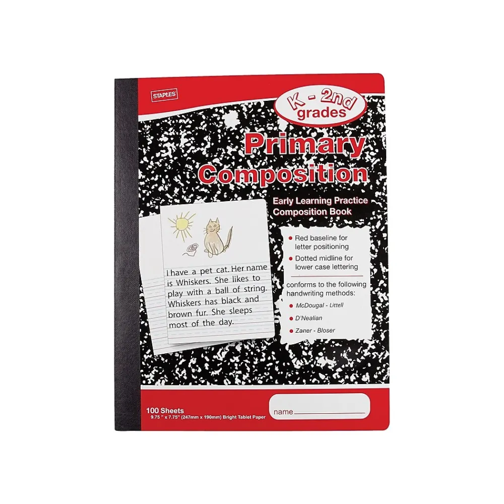 Composition Notebooks|Staples ® Composition Notebooks, 7.5" x 9.75", Primary Ruled, 100 Sheets, Black/Red, 12/Carton (42079CT)
