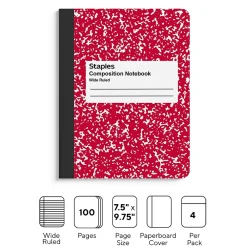 Composition Notebooks|Staples ® Composition Notebooks, 7.5" x 9.75", Wide Ruled, 100 Sheets, , 4/Pack (ST58368) Assorted Colors