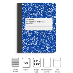 Notebooks|Staples ® Composition Notebook, 7.5" x 9.75", Wide Ruled, 100 Sheets, (ST55073) Blue