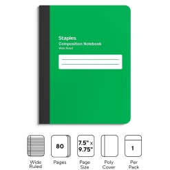 Composition Notebooks|Staples Composition Notebook, 7.5" x 9.75", Wide Ruled, 80 Sheets, (ST55085) Green