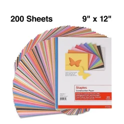 Construction Paper*Staples Construction Paper, 9"W x 12"L, Assorted, 200/Pack (23104)