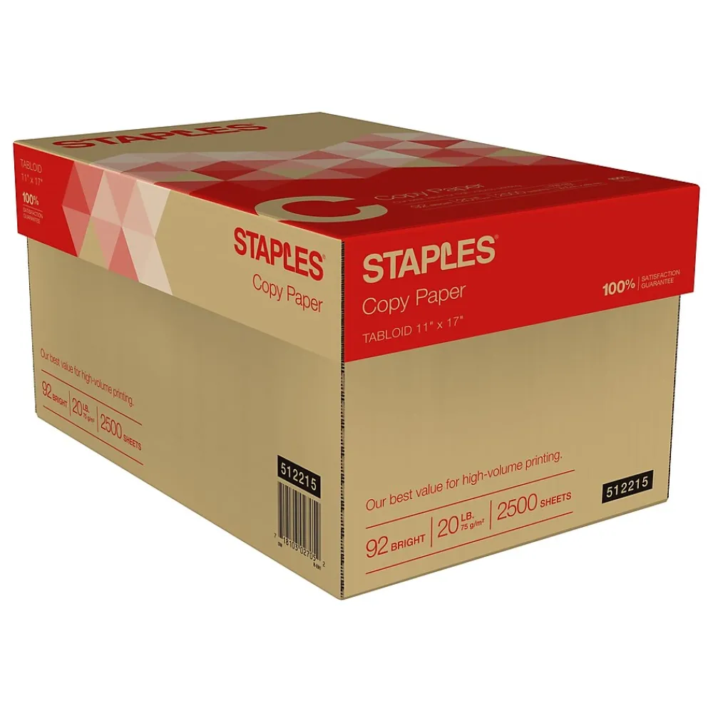 Copy Paper*Staples Copy Paper, 11" x 17", 20 lbs., White, 500 Sheets/Ream, 5 Reams/Carton (512215)