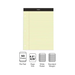 Notepads|Staples Double-Sheet Notepad, 8.5" x 11.75", Wide Ruled, Canary, 100 Sheets/Pad (20-243)