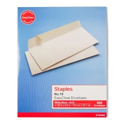 New Staples EasyClose #10 Business Envelopes, 4 1/8" x 9 1/2", White, 500/Box (50306)