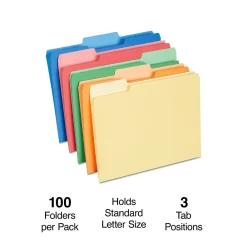 File Folders|Staples File Folders, 1/3-Cut Tab, Letter Size, Assorted, 100/Box (ST378995-CC) Kraft