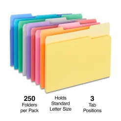 File Folders|Staples File Folders,1/3-Cut Tab, Letter Size, Colors, 250/Box (ST502678-CC) Assorted