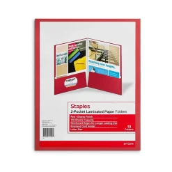 Pocket Folders|Staples Glossy 2-Pocket Paper Folder, , 10/Pack (13374-CC) Red
