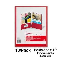 Pocket Folders|Staples Glossy 2-Pocket Paper Folder, , 10/Pack (13374-CC) Red
