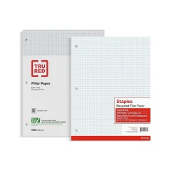 Filler Paper|Staples Graph Ruled Filler Paper, 8.5" x 11", White, 100 Sheets/Pack (TR25139)